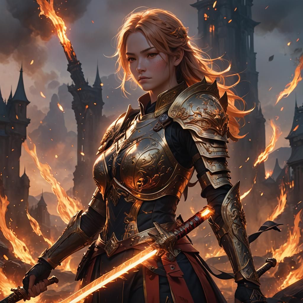 Fantasy Warrior with Fire Sword in Anime Style