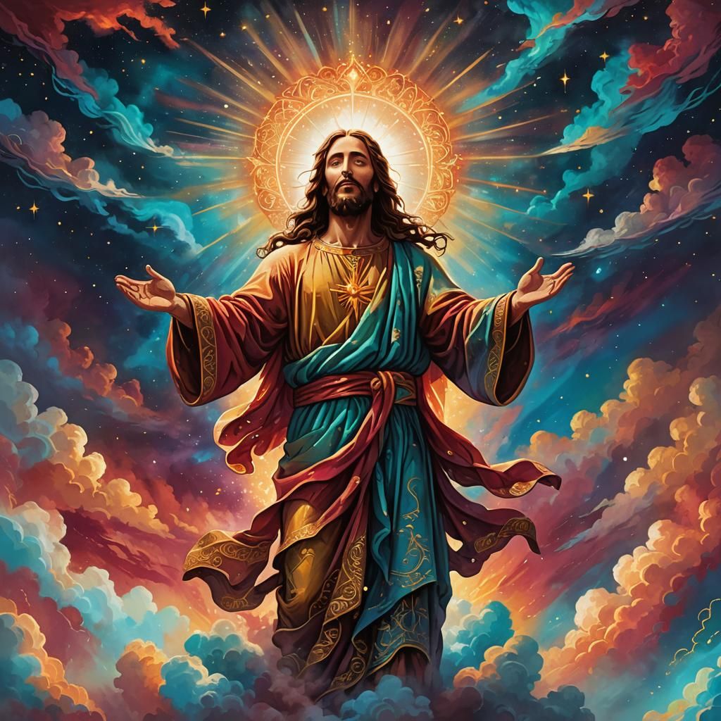 Cartoon Jesus Reaching for Heaven in Radiant Light
