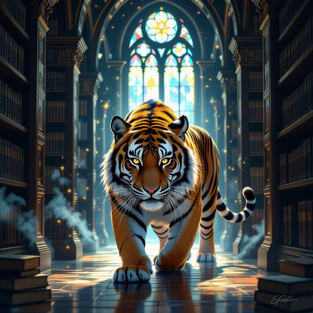 Majestic Tiger in Ancient Library Concept Art