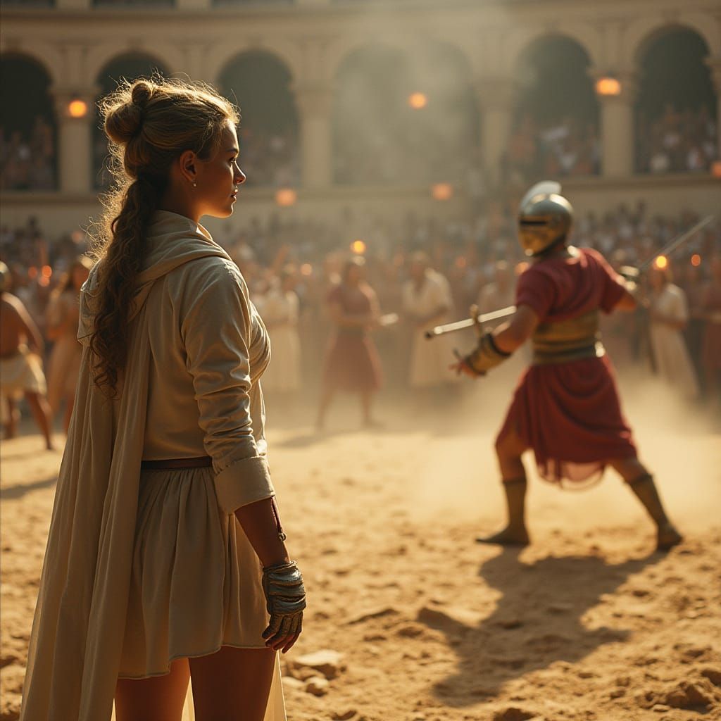 Modern Fencer Observes Roman Gladiators in Dramatic Light