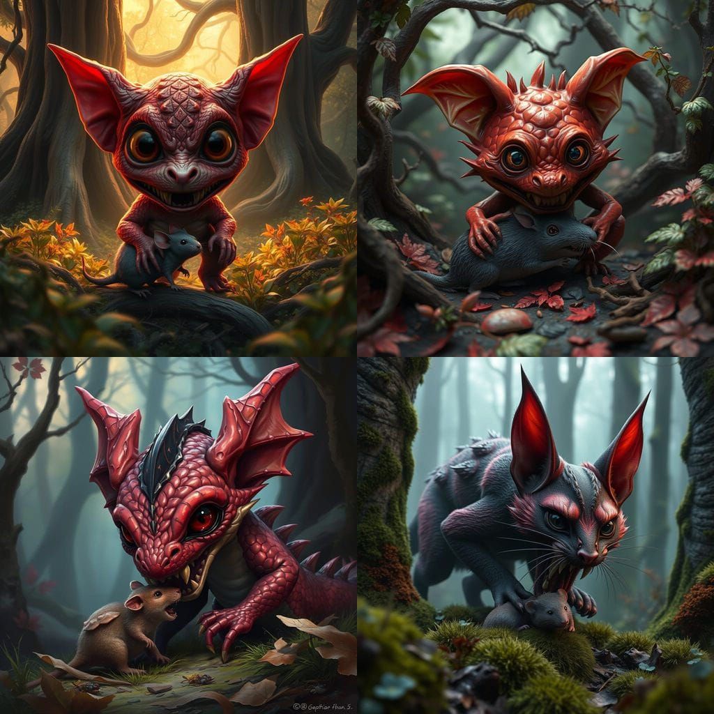 Fantastical Red Dragonet Devours Rodent in Enchanted Woodlan...
