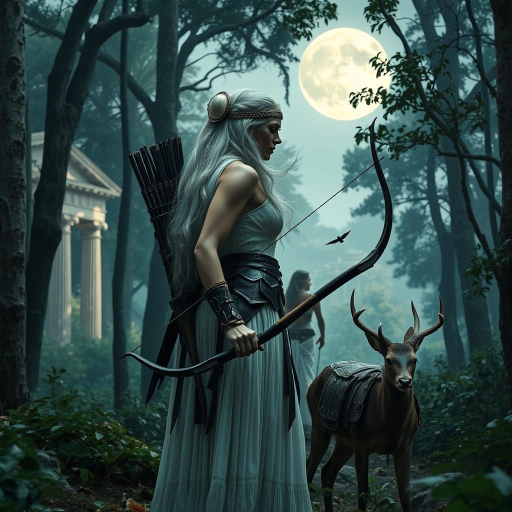 Artemis, Huntress of Wild Love in Sacred Forest