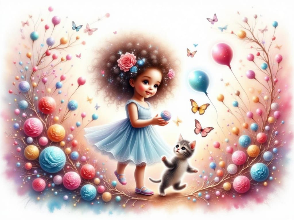 Whimsical Watercolor Wonderland of Girl and Kitten