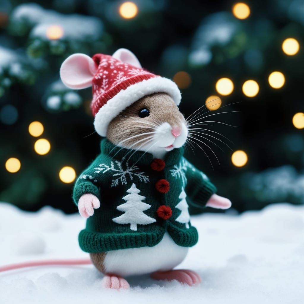 Mouse in Festive Christmas Sweater, Surrounded by Twinkling....