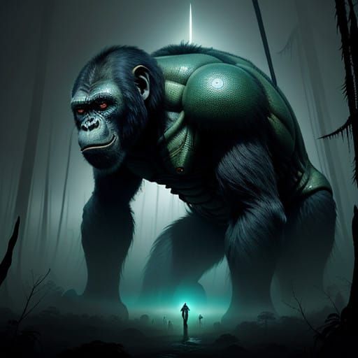 Otherworldly Ape-Monster Emerges from Jungle Twilight