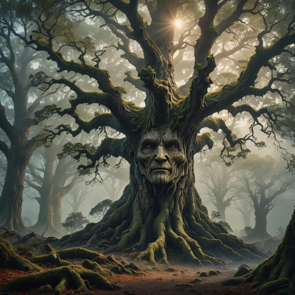 Mystical Oak Tree with Face in Misty Forest