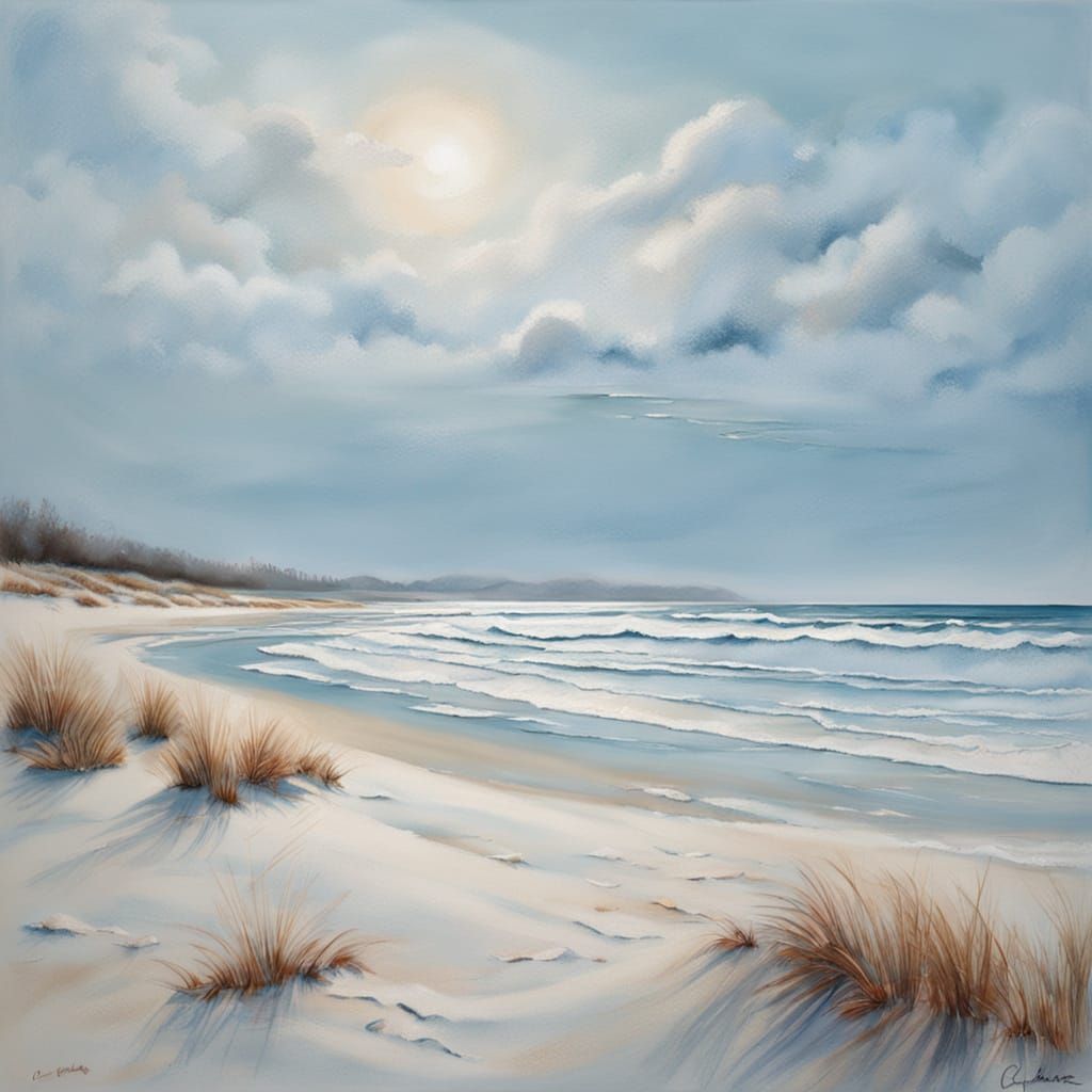 Serene Winter Beach: Gouache Painting of Icy Shore