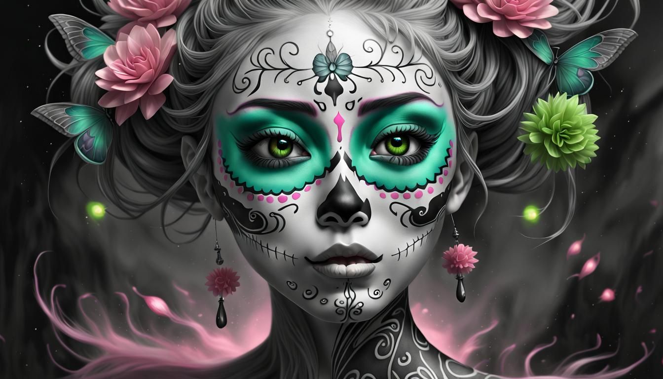 Kabuki Sugar Skull Portrait in Grayscale