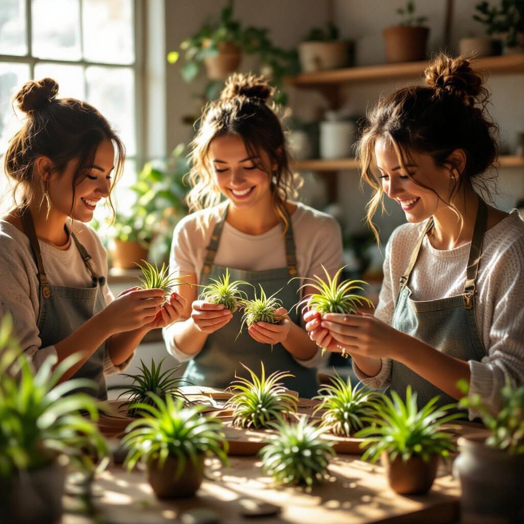Women Decorating Air Plants in Sunlit Workshop