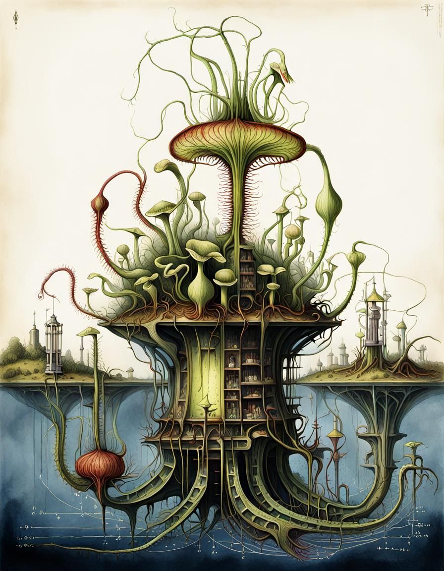 Botanical Illustration of Carnivorous Plant with Clockwork M...