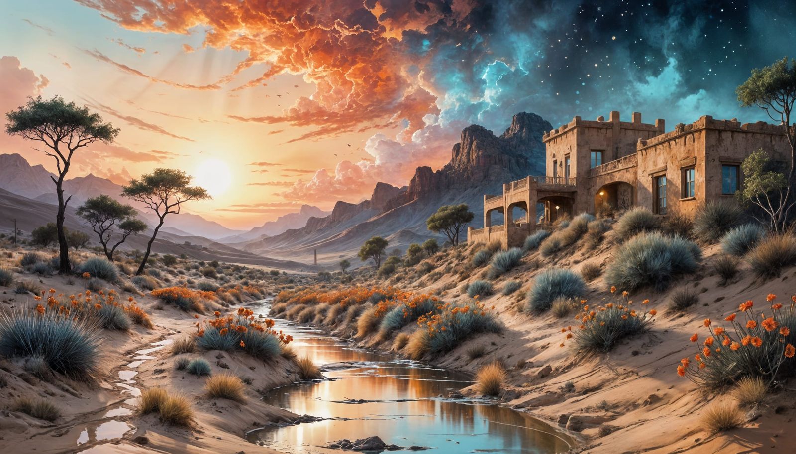 Desert Oasis Town in Everlasting Twilight