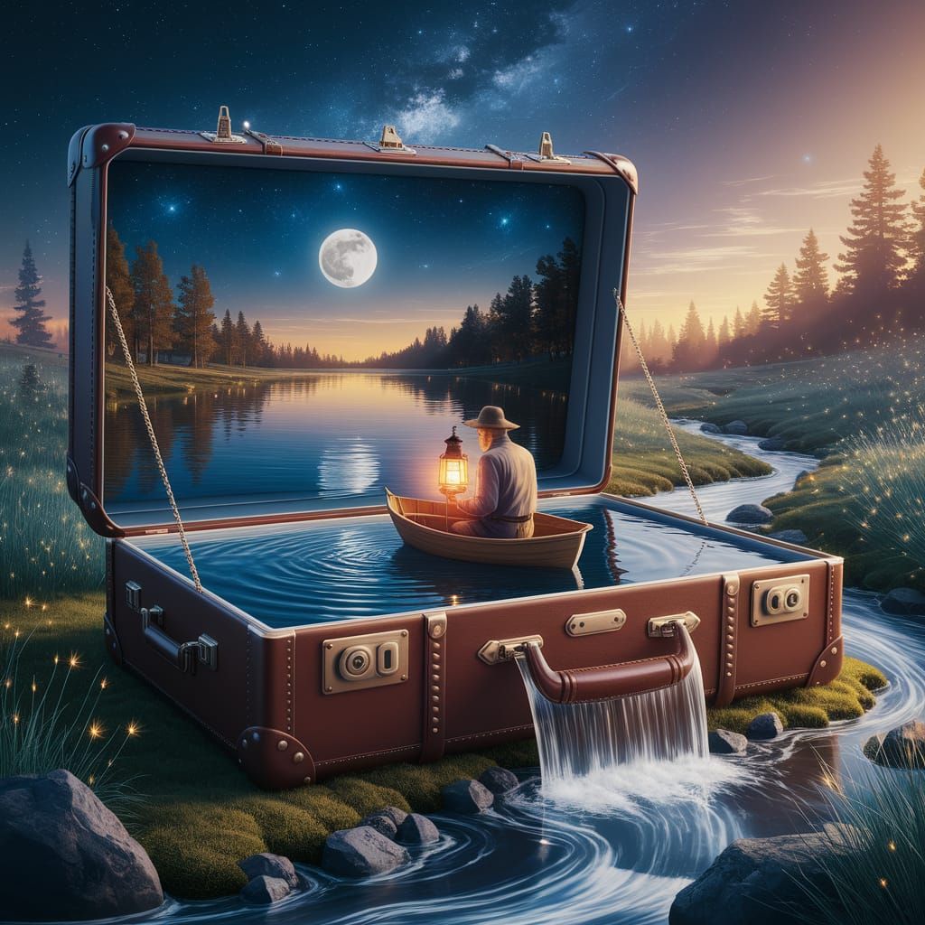 Enchanted Suitcase: Starlit Lake and Fisherman