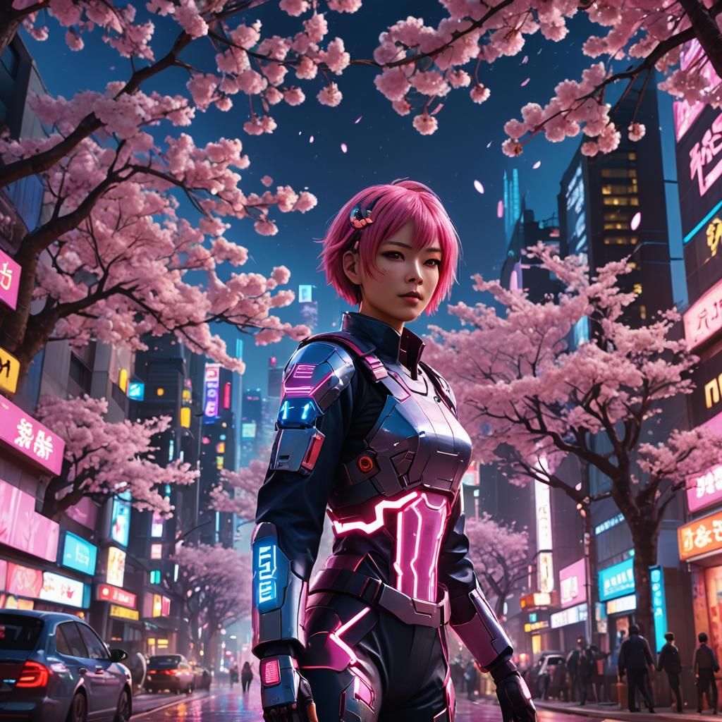 Futuristic Sakura Haruko in Neon Cityscape Concept Art
