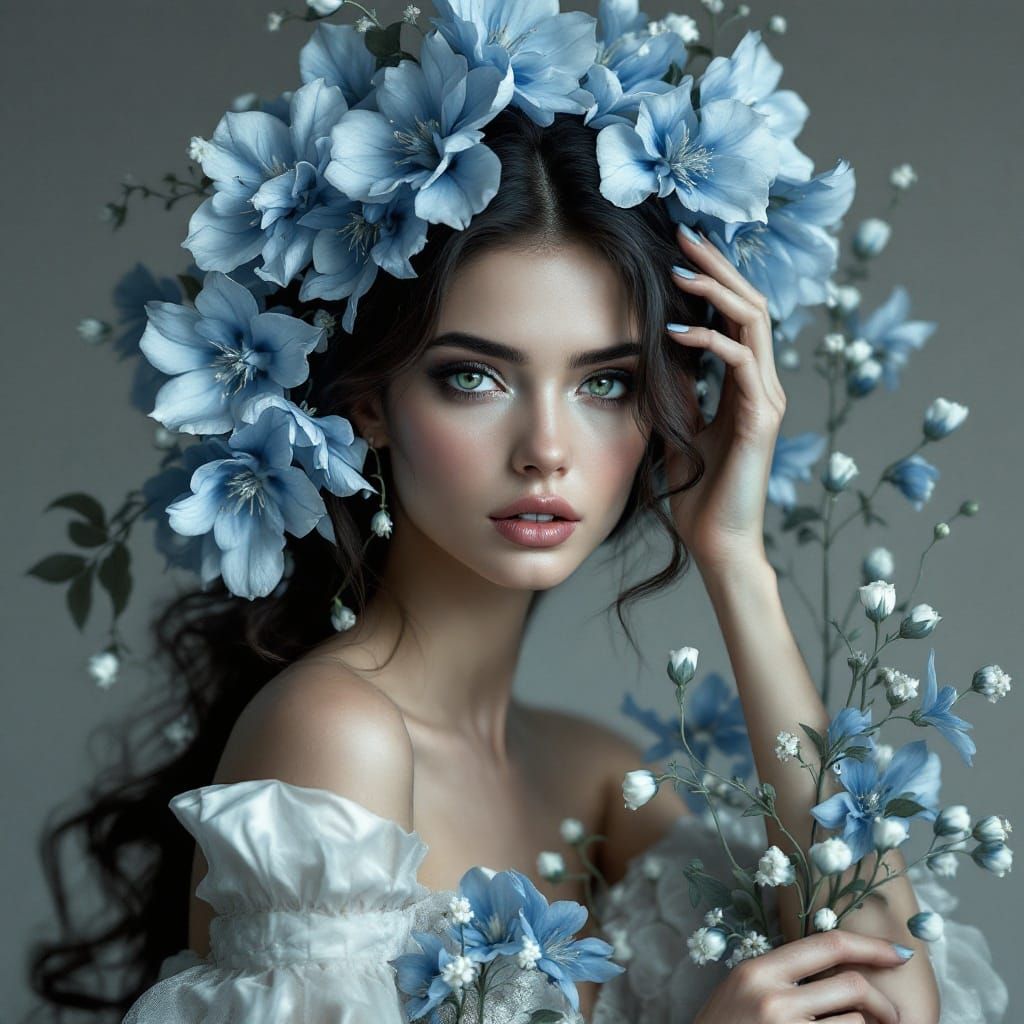 Elegant Woman in Black and White Couture Portrait with Blue ...