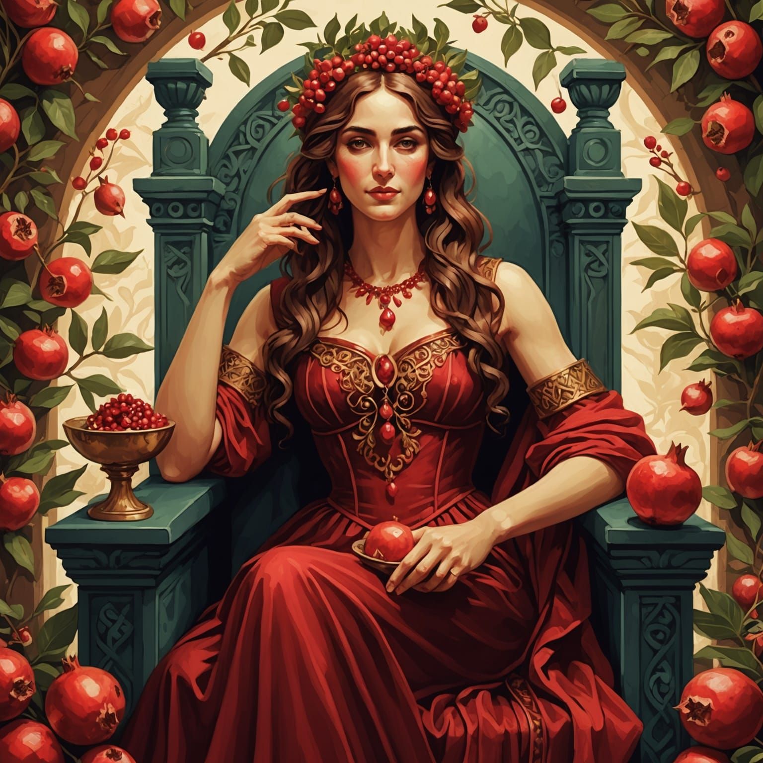 Goddess Persephone on Throne with Pomegranate