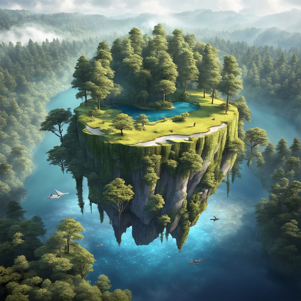 a floating island with a majestic forest