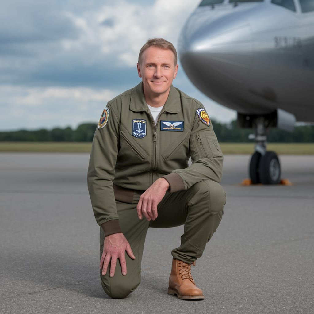 Athletic Man in Flight Attire on Airport Tarmac