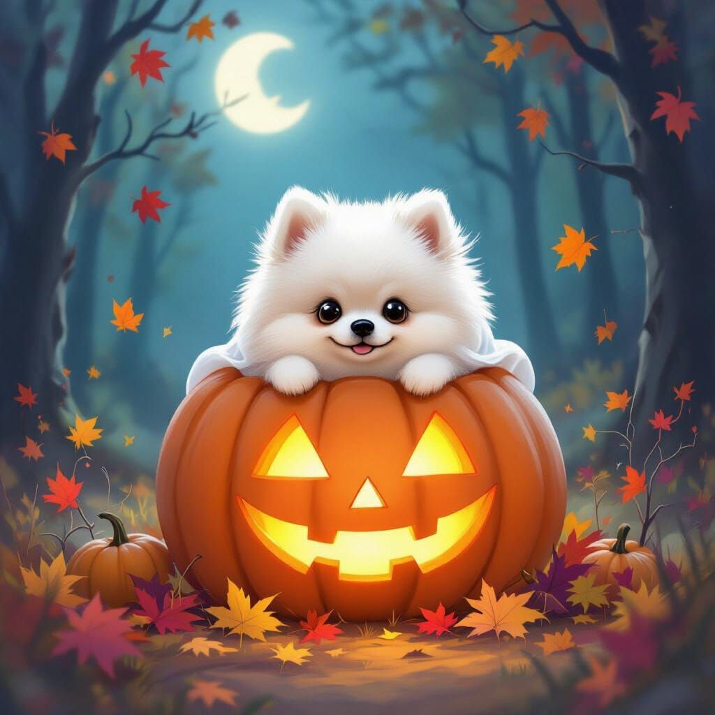Pomeranian Ghost Behind Glowing Pumpkin in Moonlit Forest