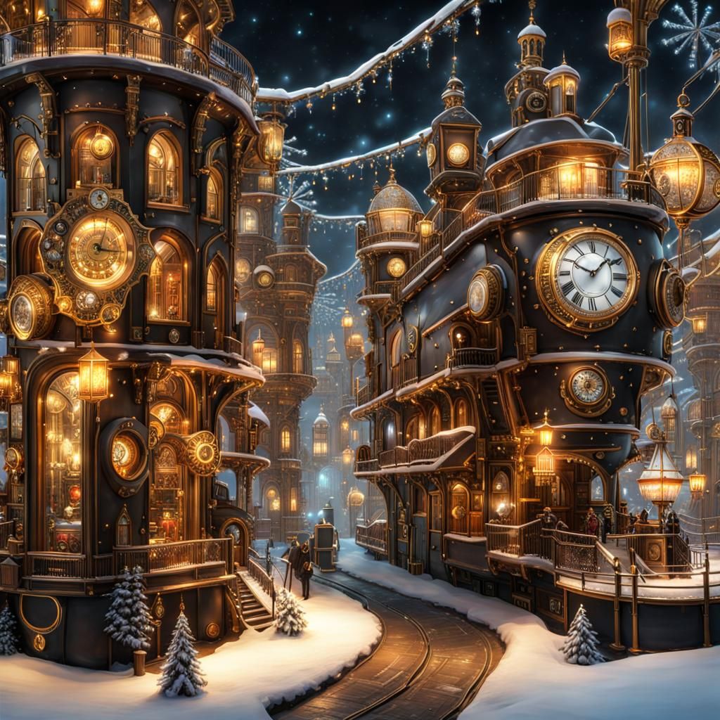 Christmas in a Steampunk Ice City: 3D Render