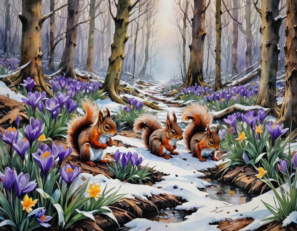 Spring Flowers and Squirrels in Snowy Forest, Watercolor