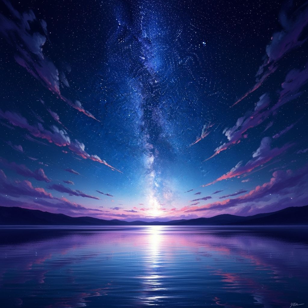 Mystical Starry Sky Over Calm Lake with Moonlight Reflection...