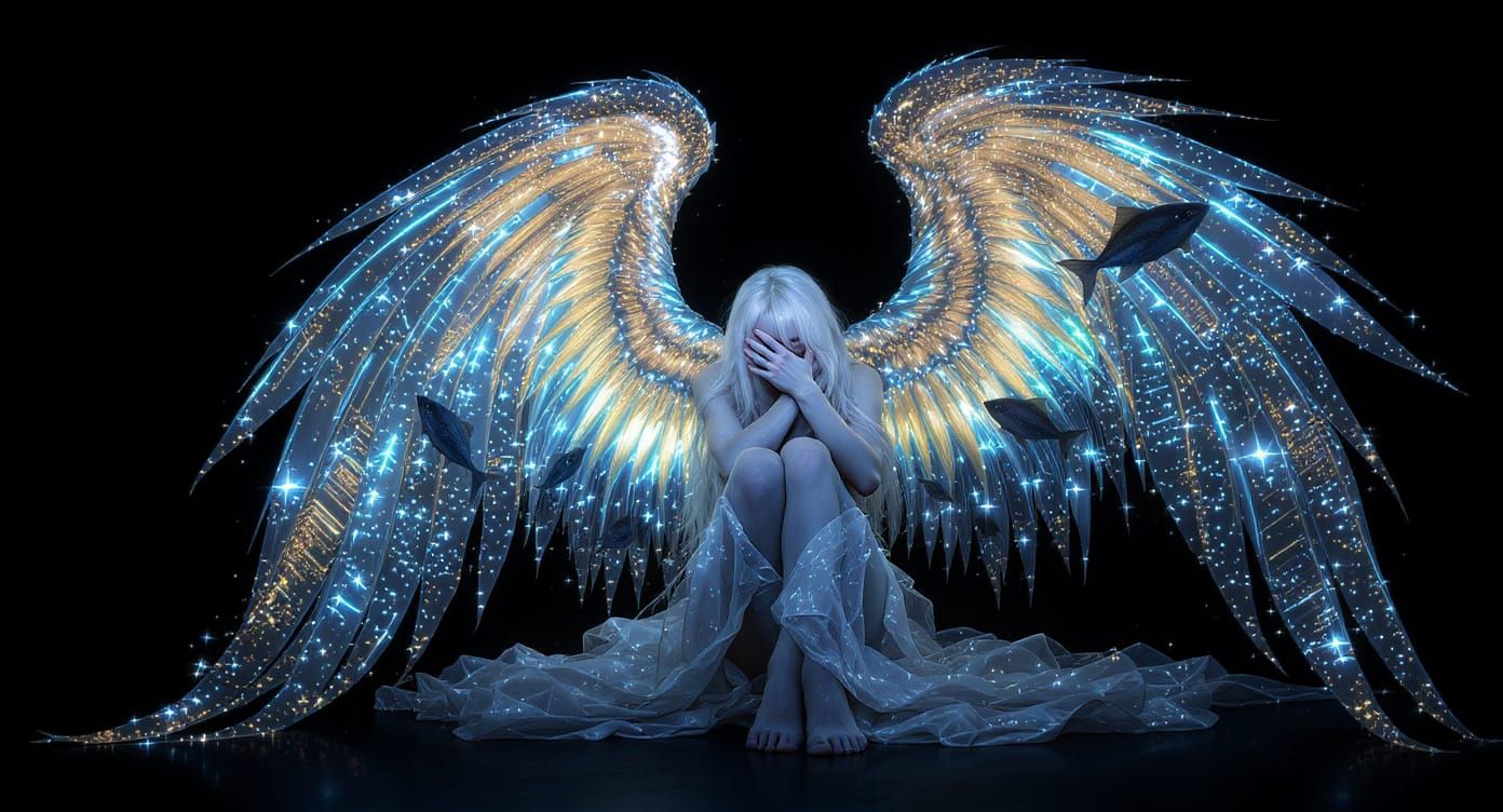 Bioluminescent Angel Portrait with Dripping Glitter Wings