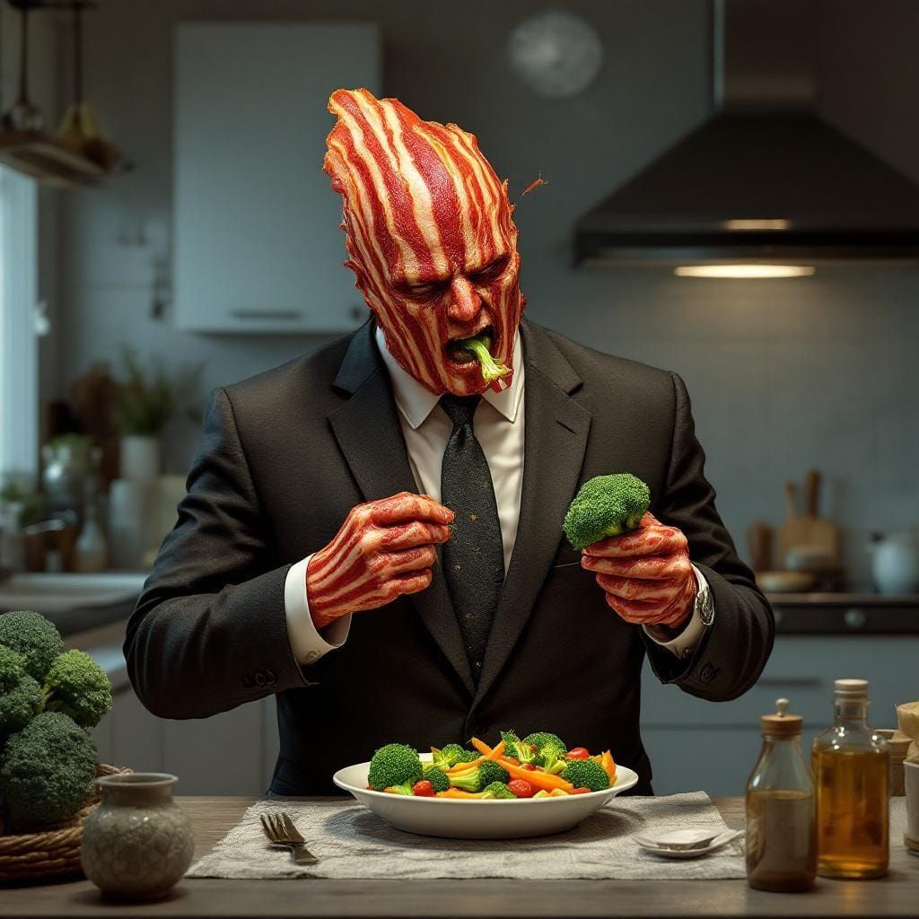 Bacon Man Eating Broccoli, Photorealistic Style