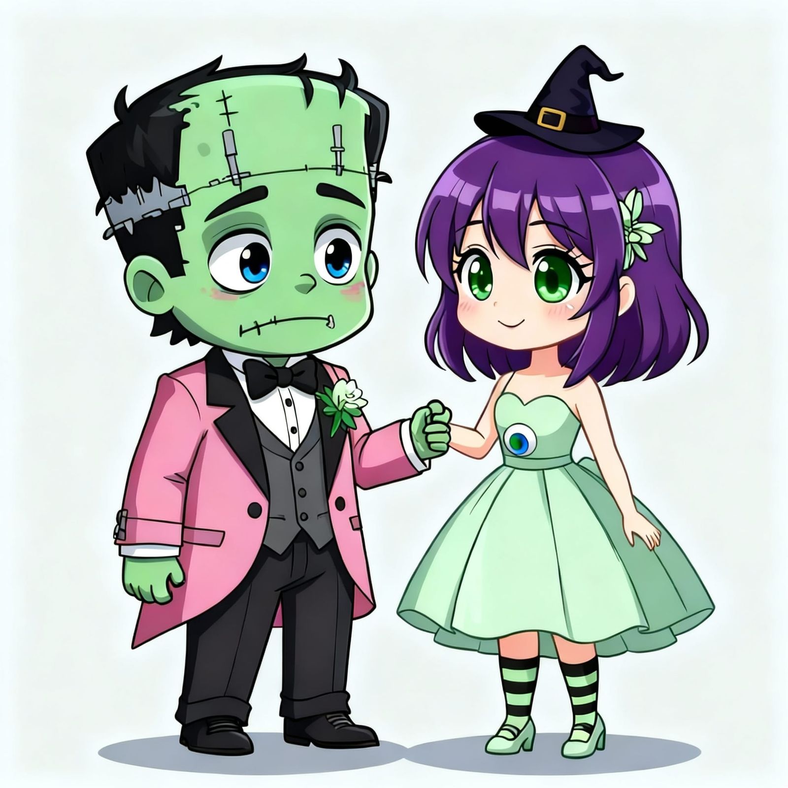 Nervous Frankenstein Prom Date in Anime Chibi Style