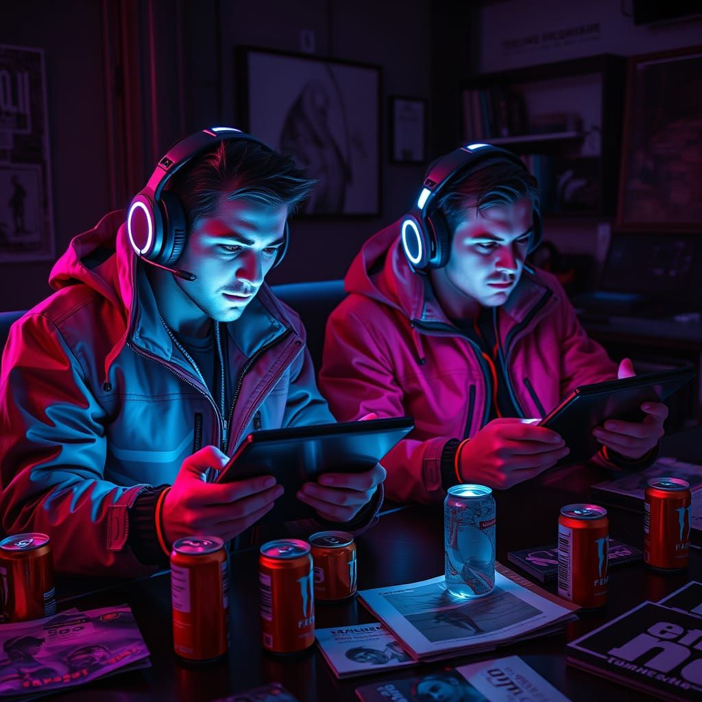 Cyberpunk Gamers Immersed in Futuristic Battle