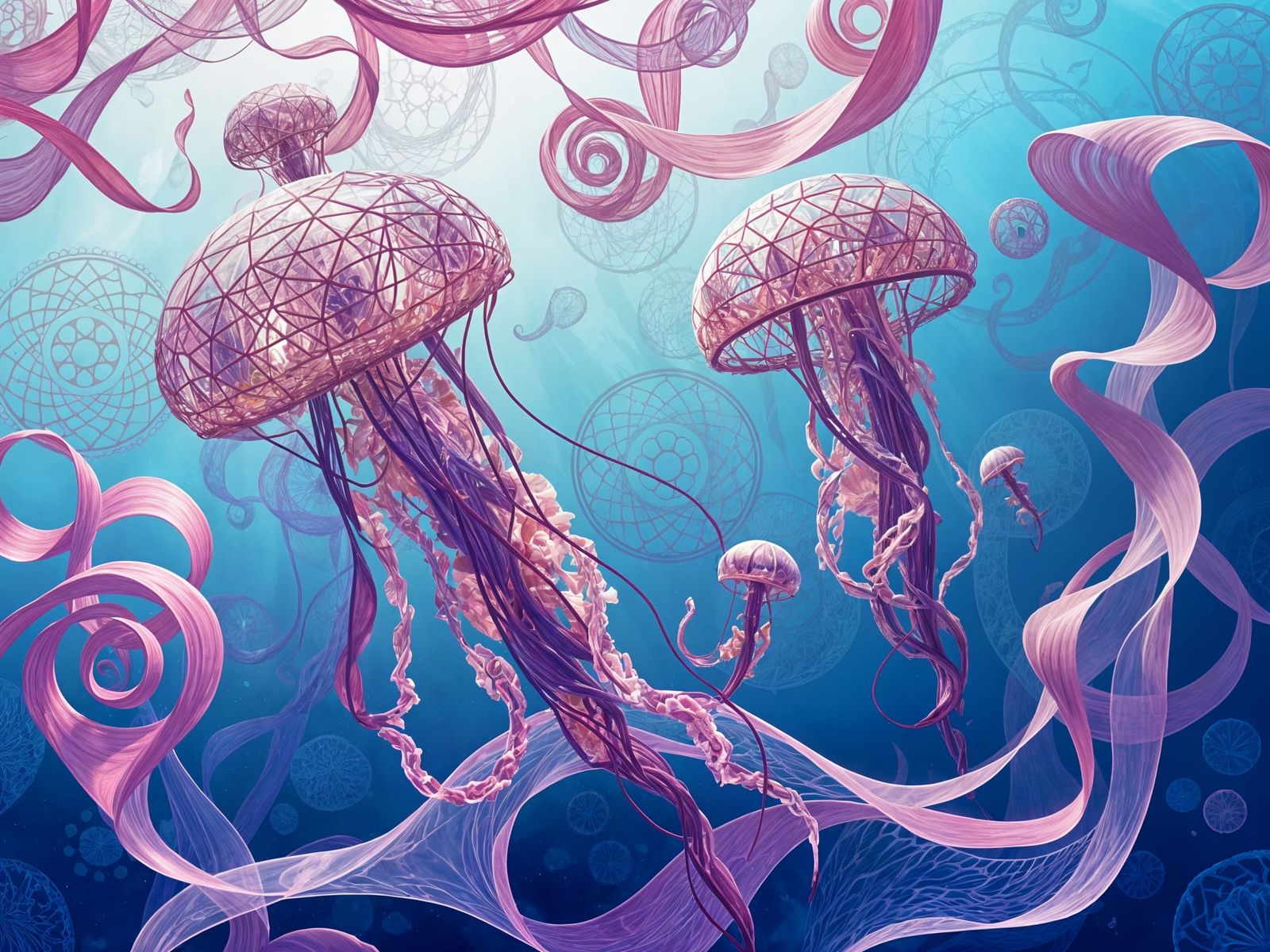 Surreal Geometric Jellyfish in a Golden Ribbon Sea