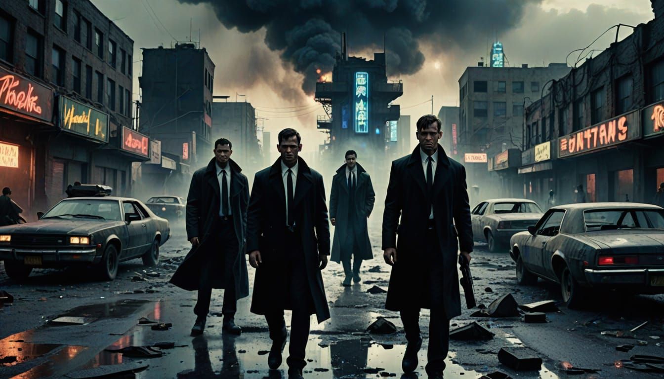 Men in Black Agents in Urban Wasteland, 1990s Grunge Style