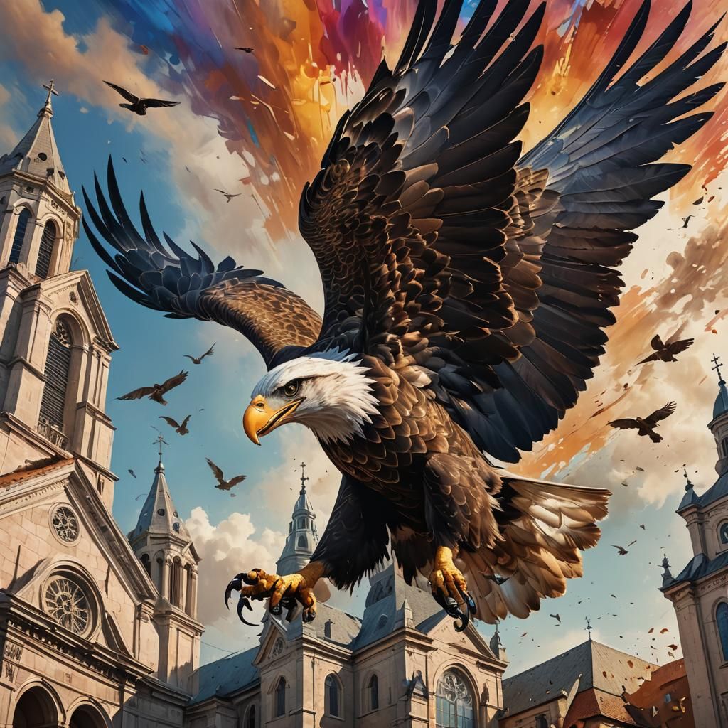An eagle flying above a church