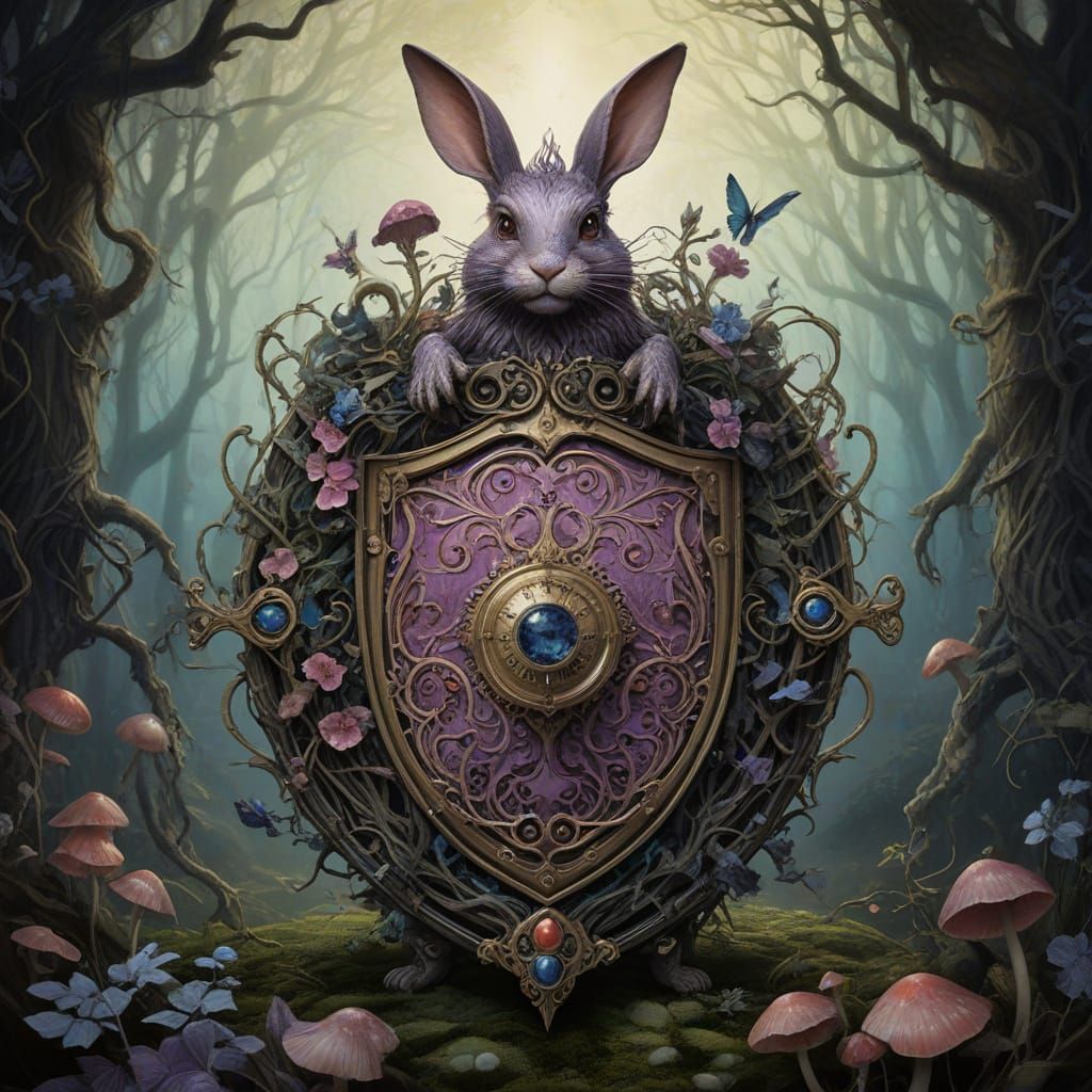 Whimsical Wonderland Shield with Golden Filigree and Majesti...