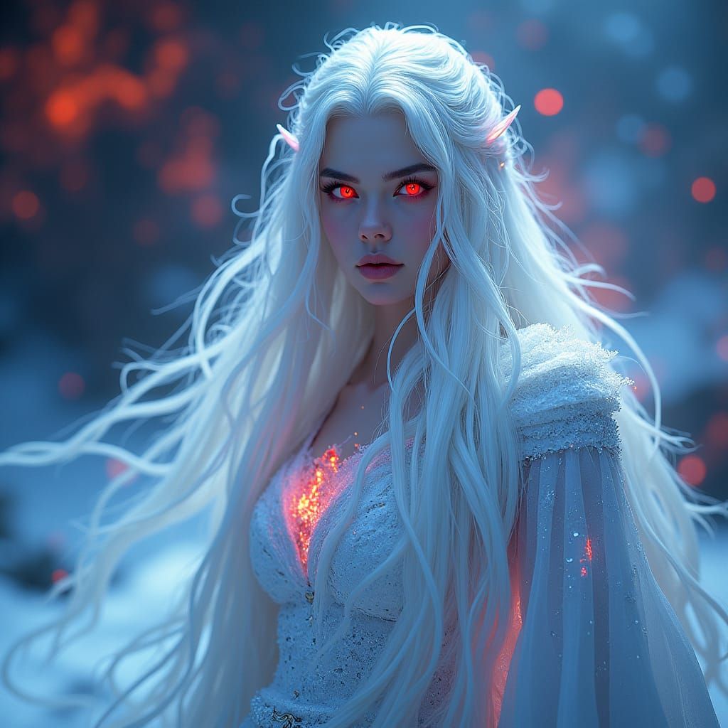 Icy Maiden with Red Eyes in Abstract Fractal Art