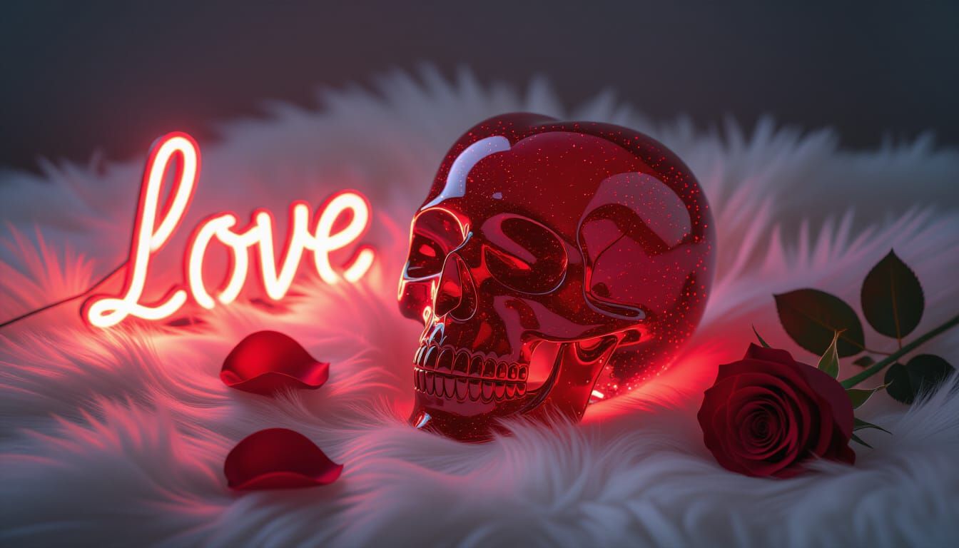 Romantic Blown Glass Skull Sculpture With Neon Sign