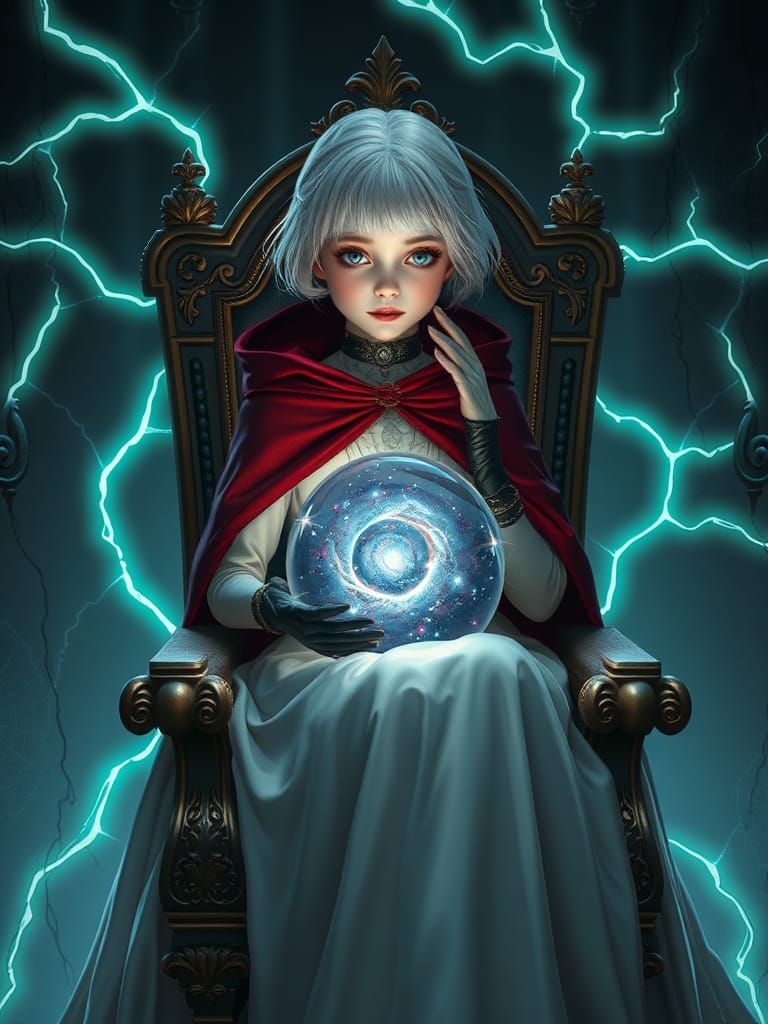 Platinum-Haired Girl with Galaxy Globe, Fantasy Art