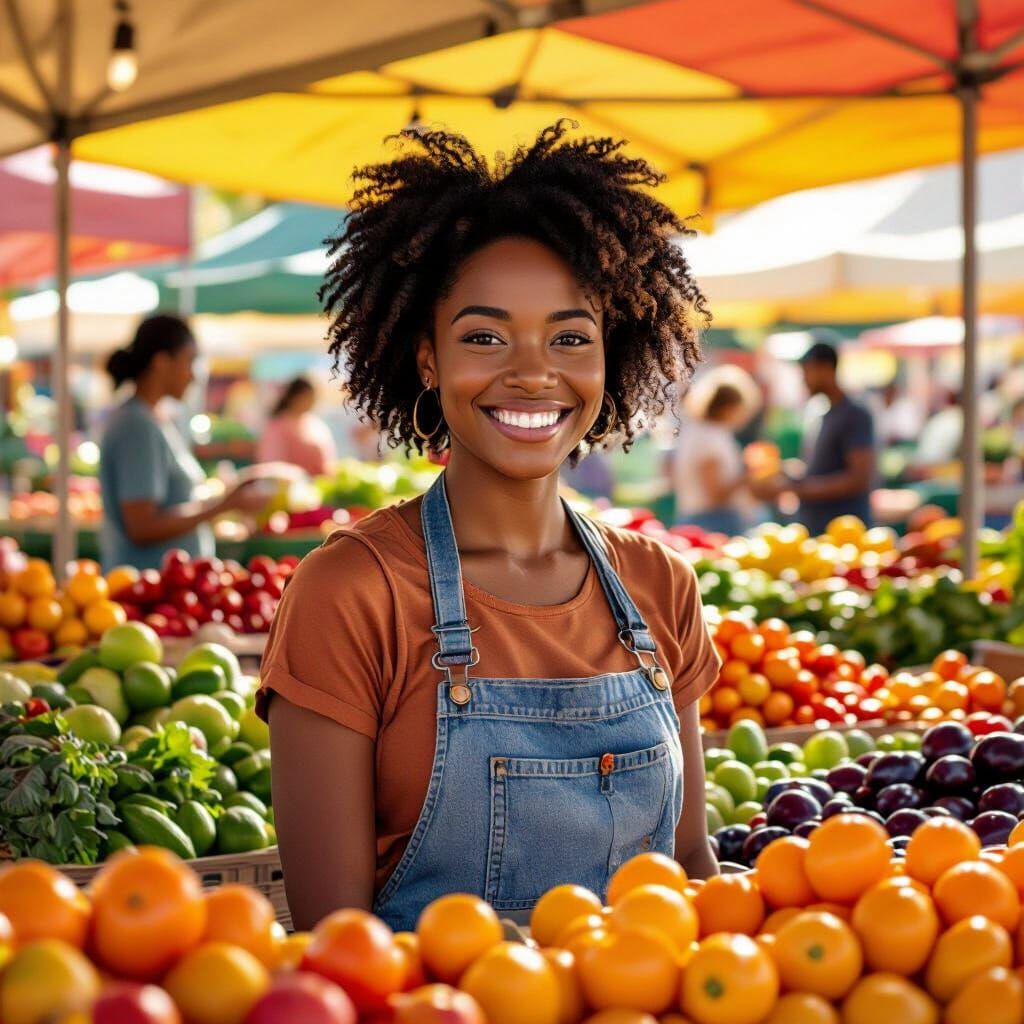 Smiling Person at Farmers Market in Painterly Style