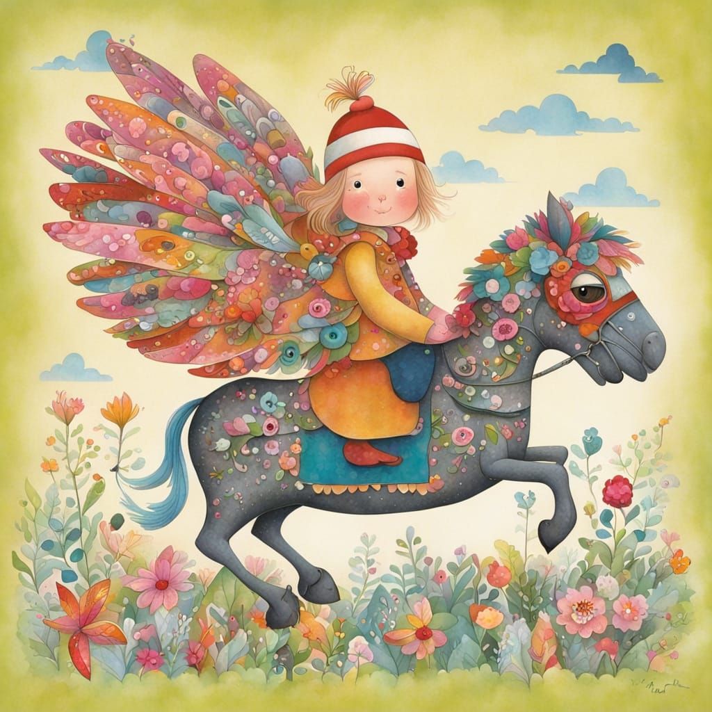 Whimsical Toddler Rides Paradise Bird in a Dreamlike Landsca...