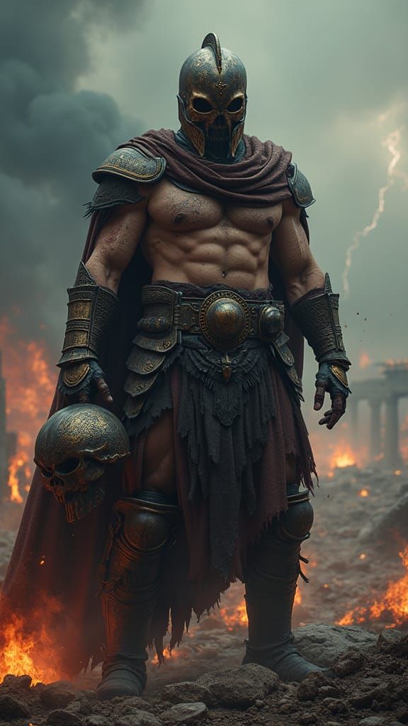 Fearsome Warrior Emerging from Ancient Battlefield Ruins