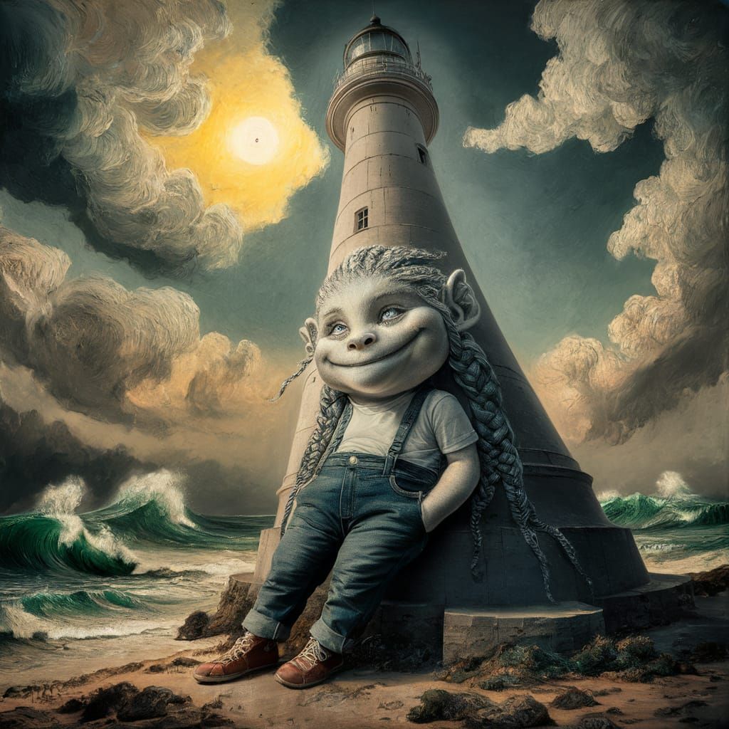 Dreamlike Creature by Lighthouse in Ceccoli-Van Gogh Style