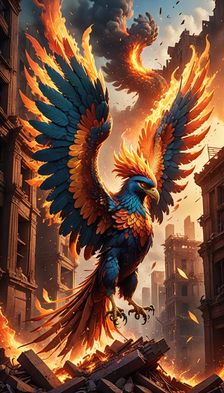 Phoenix Rises From Ruined City in Splash Art Style