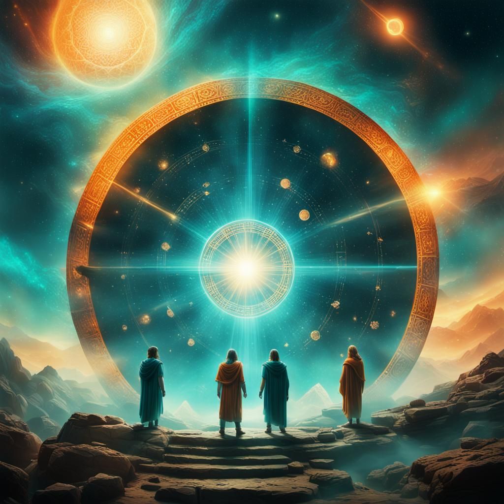 Cosmic Convergence: Ancient Beings at Glowing Portal
