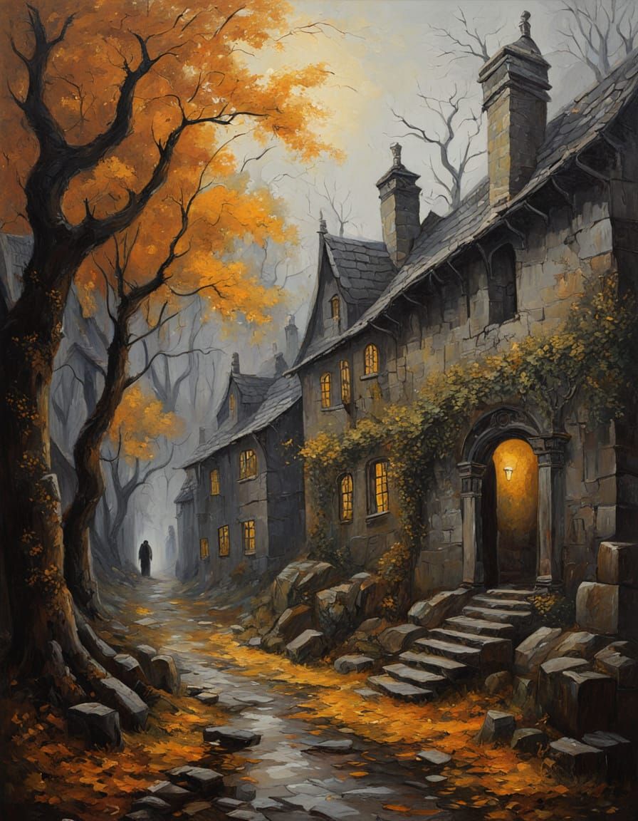 Antique Oil Painting of a Mystical British Village in Autumn