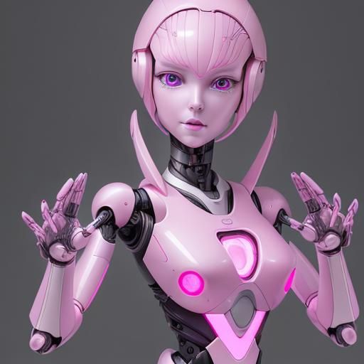 A sleek, pink humanoid robot with delicate hands and an expressive LED face.