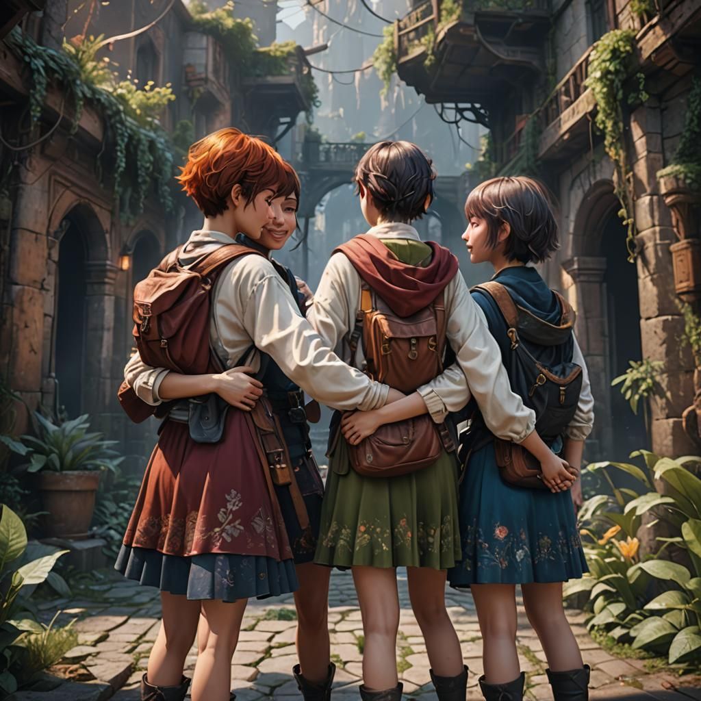 Three Girls Hugging: Detailed Fantasy Concept Art