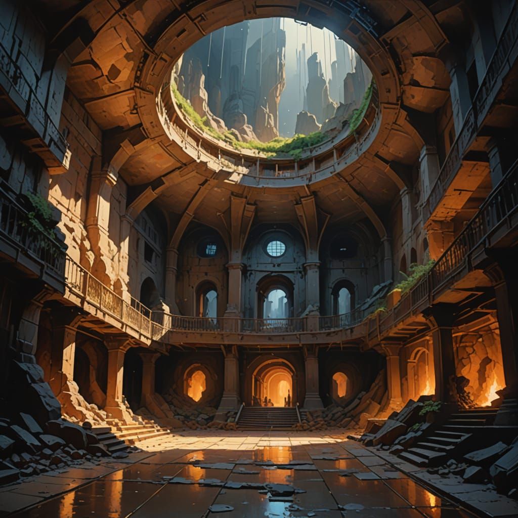 Epic Museum Cavern with Balconies in Gouache Style