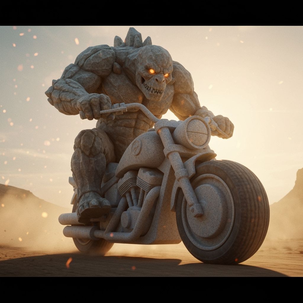 Rock Biter on Granite Motorcycle in Cinematic Still