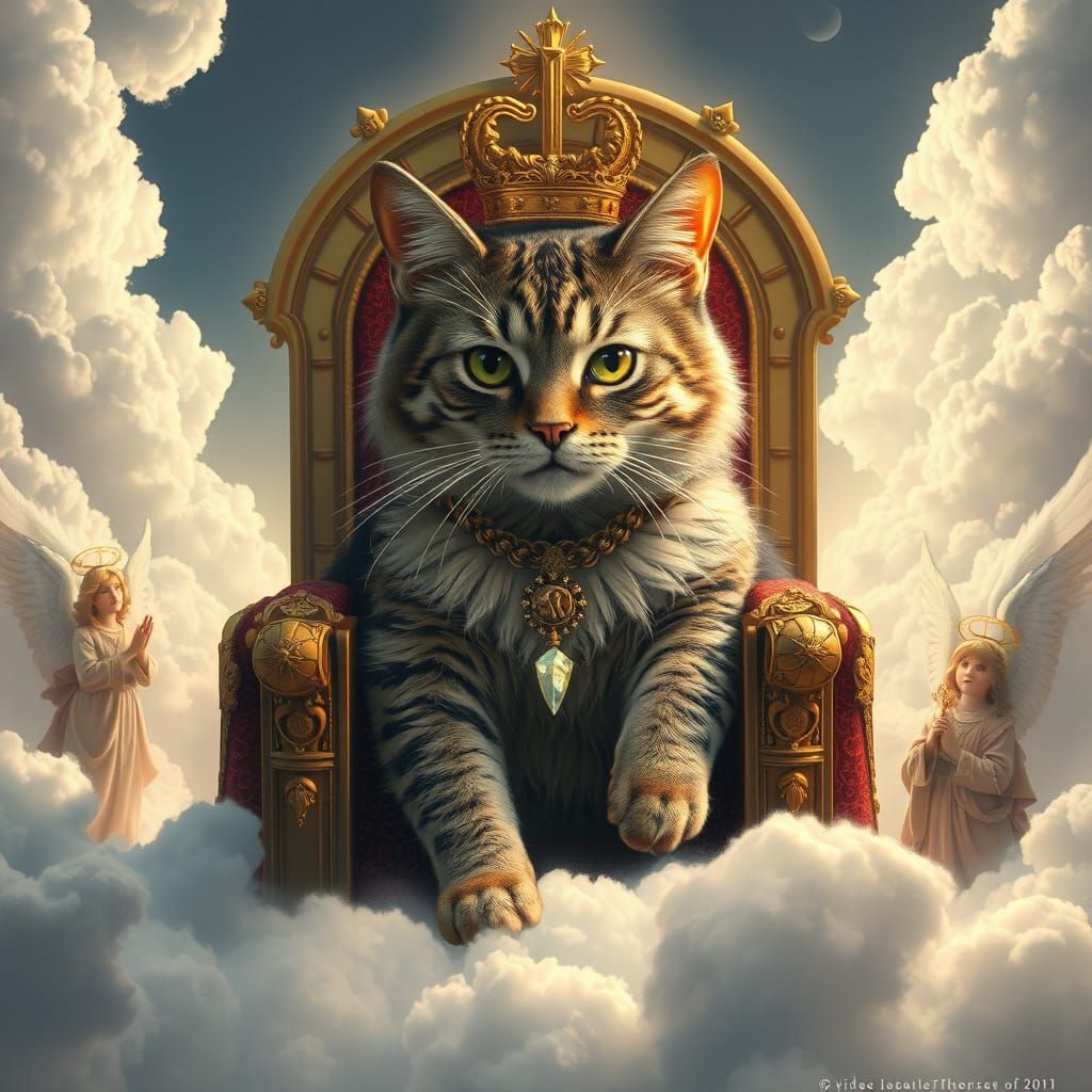 Majestic Cat Usurps Heavenly Throne in Digital Painting