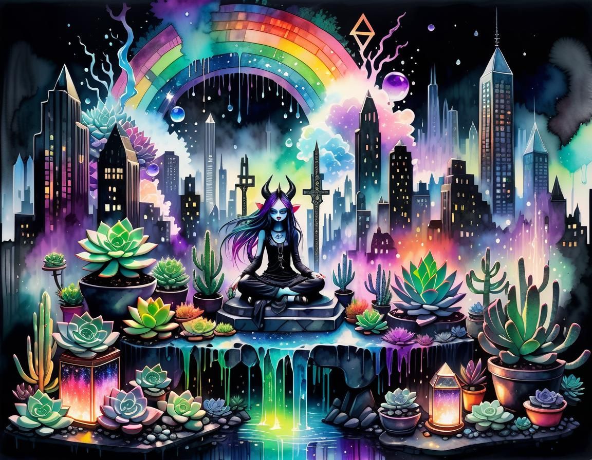 Pastel Goth Demoness in Nighttime Cityscape Watercolor