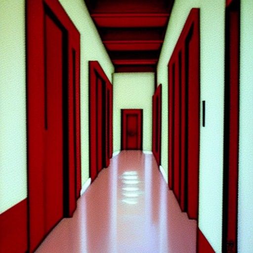 Red Hospital Hallway in Oil Painting Style